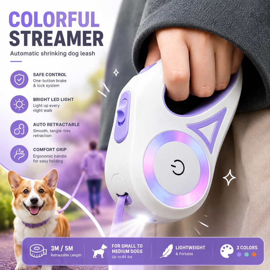 Automatic shrinking dog leash with colorful streamer, held by a person, with a dog in the background.