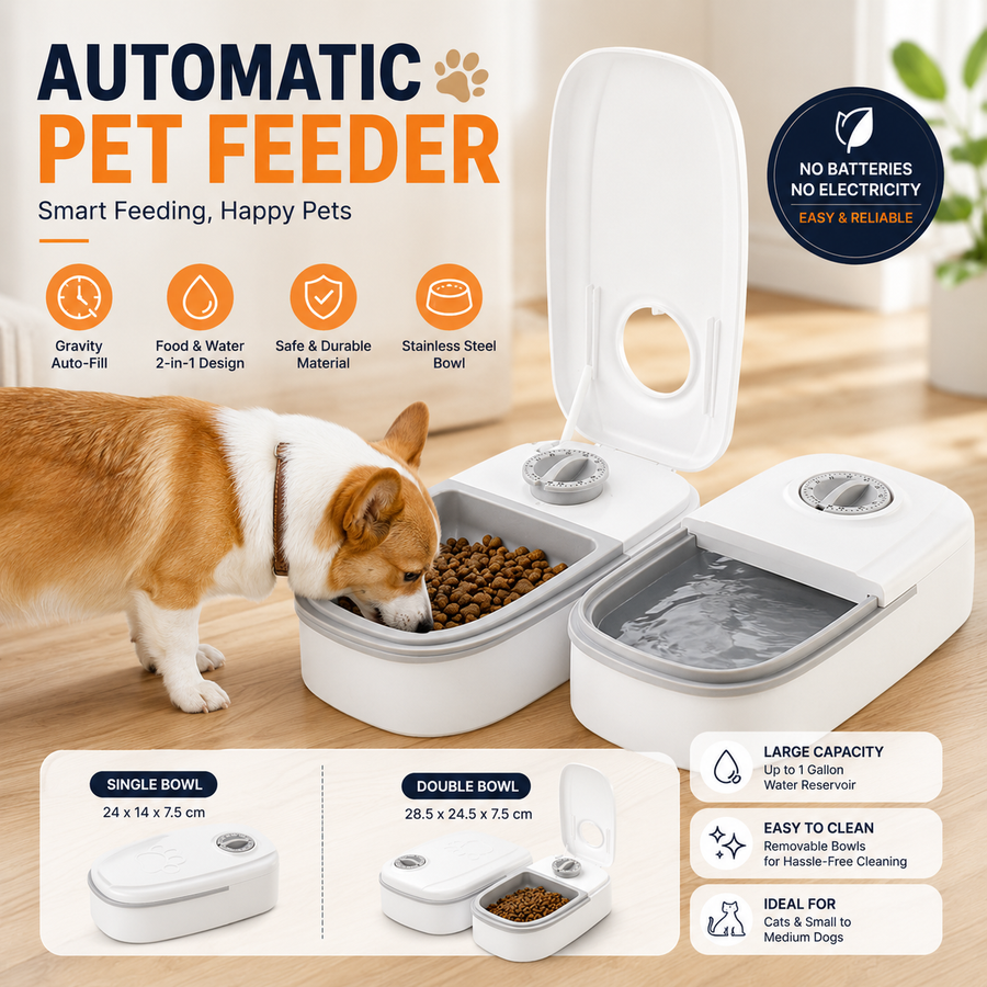 Automatic pet feeder and water dispenser with stainless steel bowl