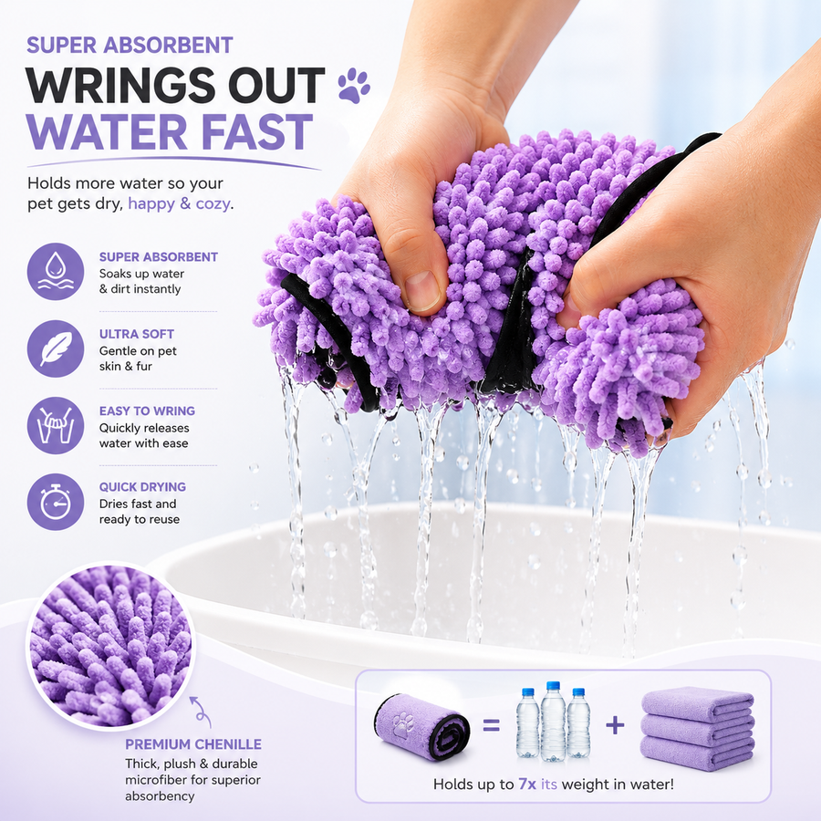 Reusable absorbent pet drying towel for dogs and cats