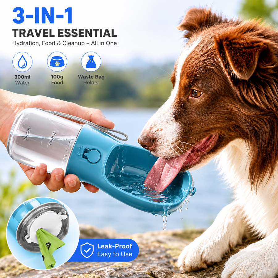 Dog drinking water from portable travel water dispenser outdoors