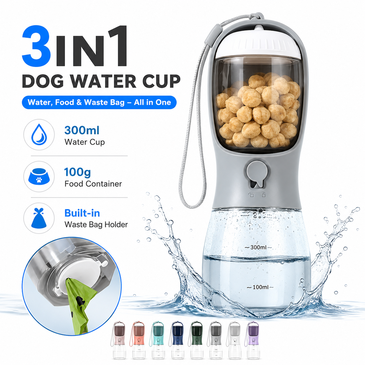 Portable dog water bottle with food container and waste bag holder