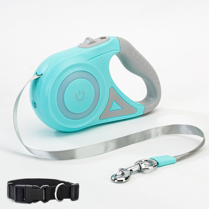 Turquoise retractable dog leash with gray handle and black collar with 5M