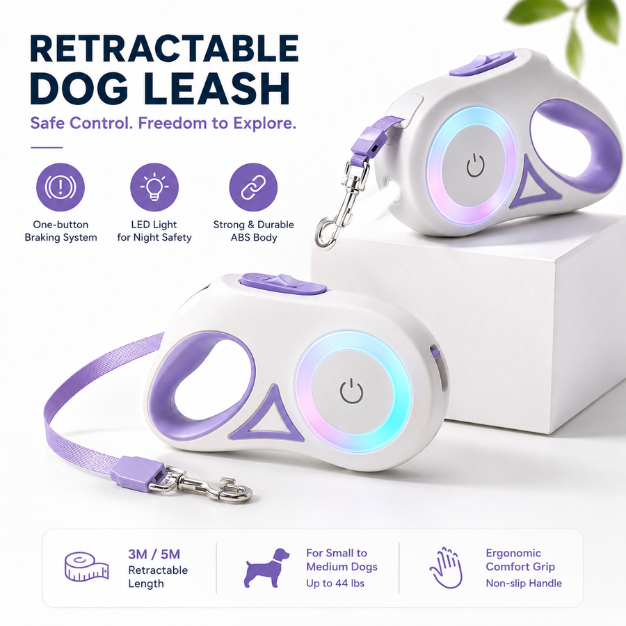 Retractable dog leash with LED light feature on a white background