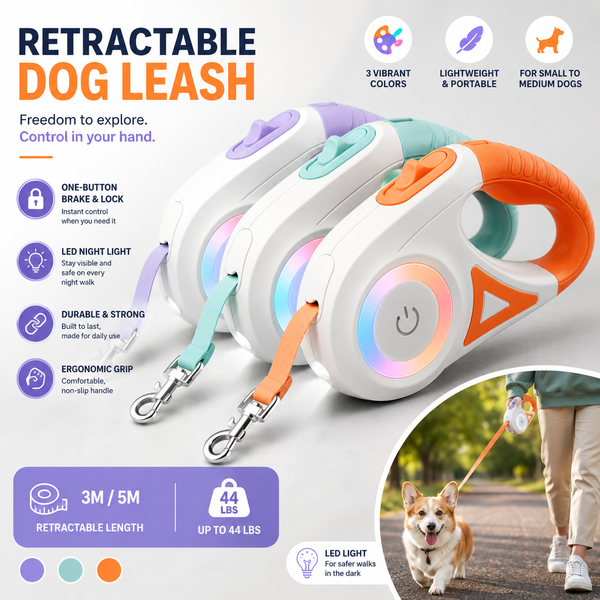 Retractable dog leash with automatic brake and lock button